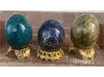 (3) Vintage Hand Carved Alabaster Eggs With Stands, One From Italy