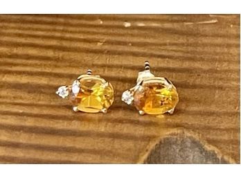 Pair Of 14k Gold And Citrine Earrings With Diamond Accents