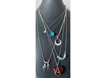 Collection Of Sterling Silver Necklaces, Amber, Bird, Opal, Rhinestone Beads And More