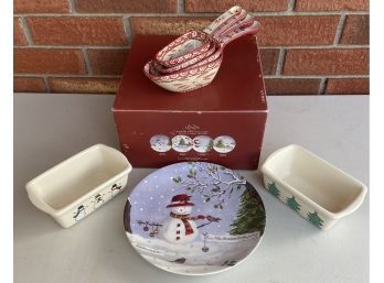 Lenox Christmas Cottage Set Of 4 Plates With Original Box, 2 Christmas Dishes, And Ceramic Measuring Cups