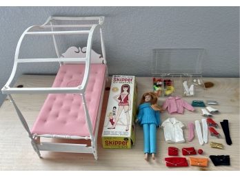 1963 Skipper Doll In Original Box With Canopy Bed & Accessories - Purses - Shoes - Roller Skates - Ice Skates