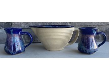 Western Cobalt Blue Pottery Batter Bowl And (2)  Annalise Domhoff Signed German Pottery Mugs