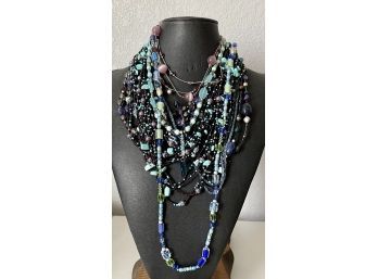 Gorgeous Necklace Lot - Seed Beads - Art Glass Beads - Blues And Purples