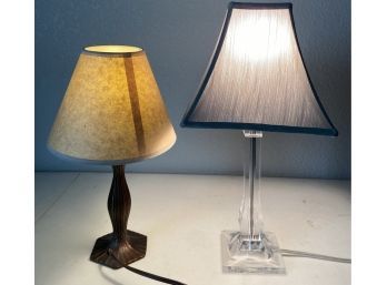 (2) Clear Plastic Vase And Brown Metal Desk Lamps