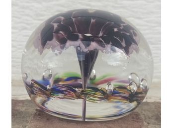 Signed August H. 1996 Hand Blown Glass Floral Paper Weight