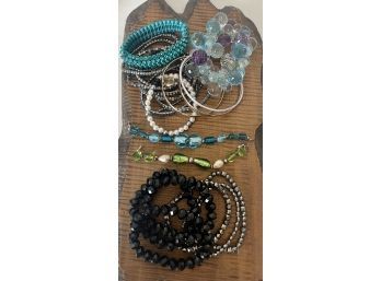Collection Of Stretch Bead Bracelets - Rhinestones, Hematites, Art Glass Beads