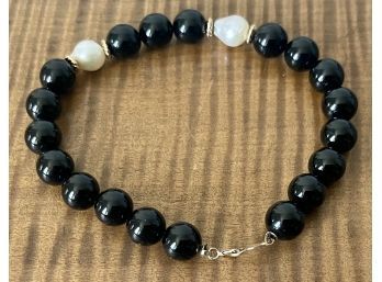 14K Gold, Onyx And Pearl Bracelet - 7' Long