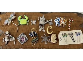 Collection Of Vintage Pins Brooches - Rhinestones - (1) Sterling Silver - Pewter - Cameo - Dragon Fly - Fish