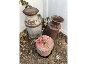 (2) Antique Milk Jugs And Antique Oil Can Yard Art (as Is)