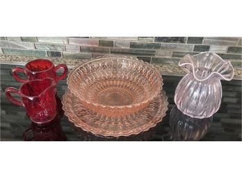 Pink Depression Glass Platter And Bowl, Art Of Grape Leaf Red Creamer And Sugar, With Art Glass Ruffled Vase