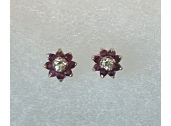 Pair Of 14k Gold, Diamond, And Red Spinel Earrings
