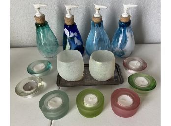 Collection Of Art Glass Hand Blown Soap Despensers, Pottery Barn Tray With Candle Holders, And Tealights