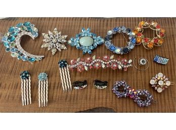 Vintage Collection Of Rhinestone Brooches, Hair Clips, Barrette's And More