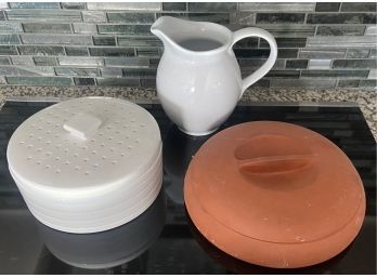 Pottery Collection Including Bret Bortner Tortilla Warmer, White Tortilla Warmer, And White Pottery Pitcher