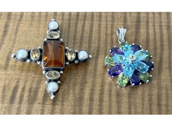 Sterling Silver Pin JGD With Amber Stones And Faux Pearls & 925 Amethyst, Topaz And Peridot Pendant