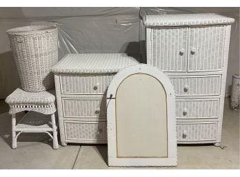 White Whicker And Veneer Bedroom Set - Small Wardrobe, Dresser, Side Table, Laundry Bin, And Mirror