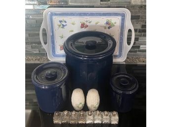 Cobalt Blue 3 Piece Canister Set, Shamrock  Salt And Pepper, (8) Miniature Salt And Peppers, And Tray