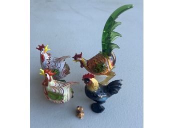 (5) Miniature Art Glass And Ceramic Roosters With Dog