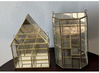(2) Vintage Brass And Glass Mirrored Shadow Boxes