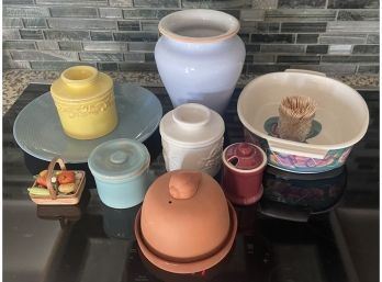 Collection Of Pottery Including Garlic Baker, Butter Dishes, Bean Pot, Vase, And More