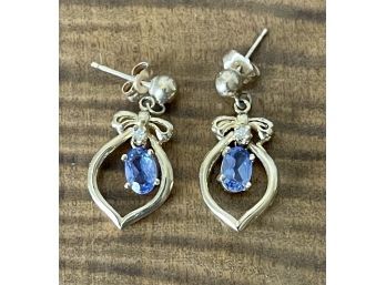 Pair Of 14k Gold And Lavender Iolite Stone Earrings With Diamond Accents
