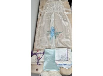 Antique Souvenir Of France Lace Pinafore With Satin Ties, Assorted Crochet Trim Handkerchiefs & Silk Bag