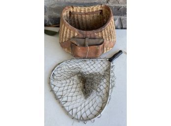 Vintage Wicker And Leather Fishing Basket With Net (as Is)