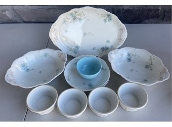 Syracuse Chine Platter And Bowls With (4) Pavilion Custard Cups And Small Blue Bowl