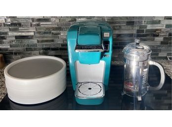 Teal Keurig Single Cup Coffee Maker, Original Bodum French Press, And (5) Room Essential Turn Tables