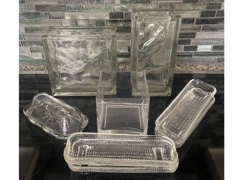(2) Glass Block Vases, Small Square Vase, Butter Dish, And Corn Holders Brazil
