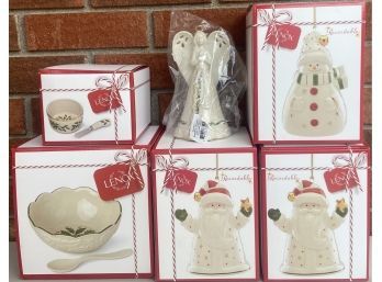 6 Assorted Lenox Holiday Recoradable Ornaments And Dishware With Original Boxes