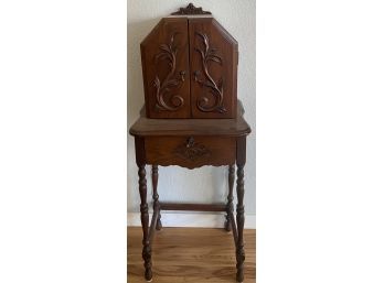 Antique Carved Wood Walnut And Veneer Telephone Table With Box