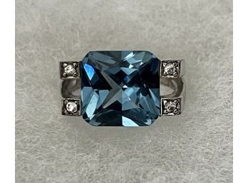 Vintage Sterling Silver 925 Art Deco Large Blue CZ Stone Ring Size 7 - 7.9 Grams