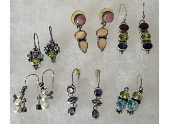 Collection Of Gemstone & Sterling Silver Earrings, Blue Topaz, Amethyst, Pearl, Citrine, Garnet And More