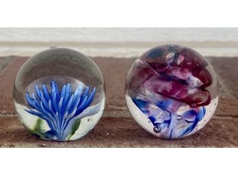 (2) Small Hand Blown Glass Floral And Abstract Paper Weights