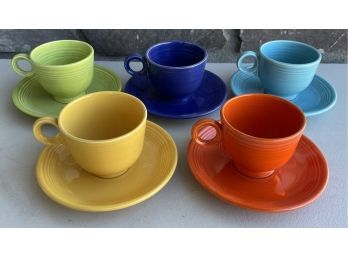 Collection Of Vintage Genuine FiestaWare Ring Handled Cups And Matching Saucers