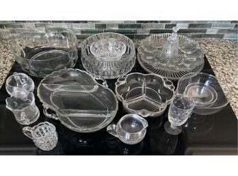 Large Crystal And Glass Lot Including Vintage Divided Dishes, Deviled Egg, Cream And Sugar, Bell, And More