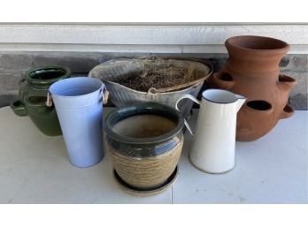 Collection Of (6) Large Pottery, Ceramic , And Metal Planters