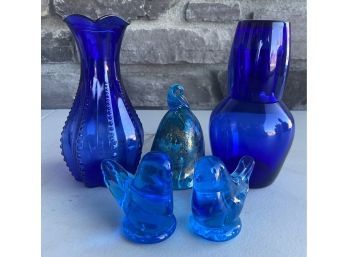 Cobalt Blue Art Glass Lot Including Signed Lee Ward Art Glass Birds,  Water Carafe, Hand-blown Bell Bell