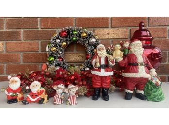 Large Assorted Christmas Decor Lot Including Bottle Brush Wreath, Ceramic Ornaments, Resin Santa's, And More