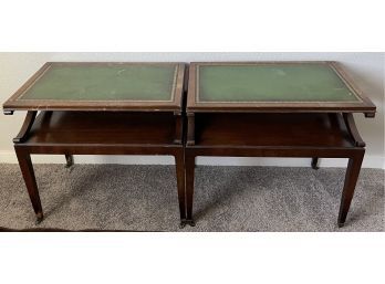 (2) Antique Wood And Veneer Side Tables With Green Leather Inlay Tops On Casters