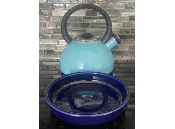 Waechtersbach Spain Cobalt Blue Bowl And Copco Teal Enamel Tea Pot