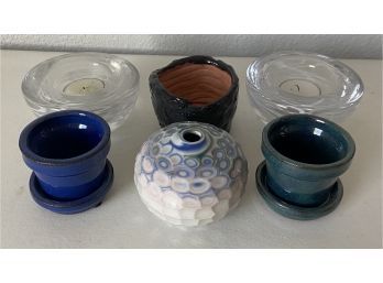 Small Pottery And Art Glass Lot Including Candle Holders, Planters, And More