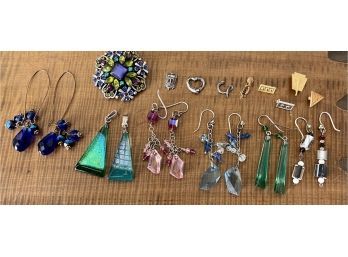 Collection Of Bead Earrings - Art Glass - Some Hand Made - Small Pins And One Colorful Brooch