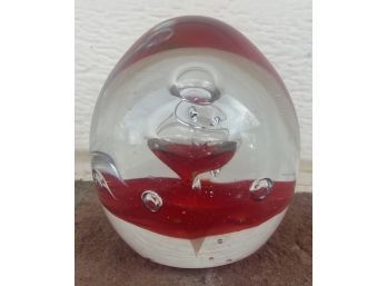 Large Clear And Red Hand Blown Glass Paper Weight