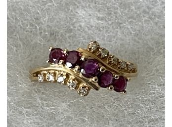 14k Yellow Gold Romanza Diamond And Red Spinel Stone Ring Made In Thailand Size 6 - 3.2 Grams