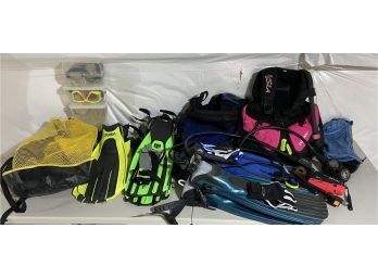 Large Collection Of Scuba Gear - Diving Fins, Goggles, Bags, Gloves, Vest, And More