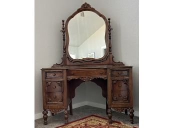 Antique Hand Carved Wood Vanity With Mirror