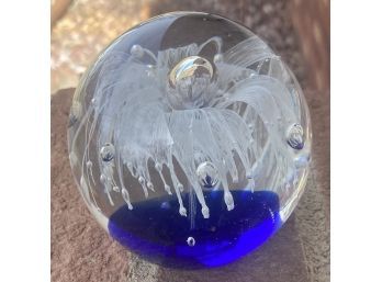 Large Hand Blown Blue And White Glass Paper Weight
