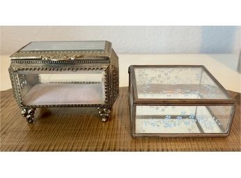 (2) Vintage Beveled Glass And Brass Jewelry Caskets Boxes (1) Painted Flowers (1) Decorative Brass Trim Legs